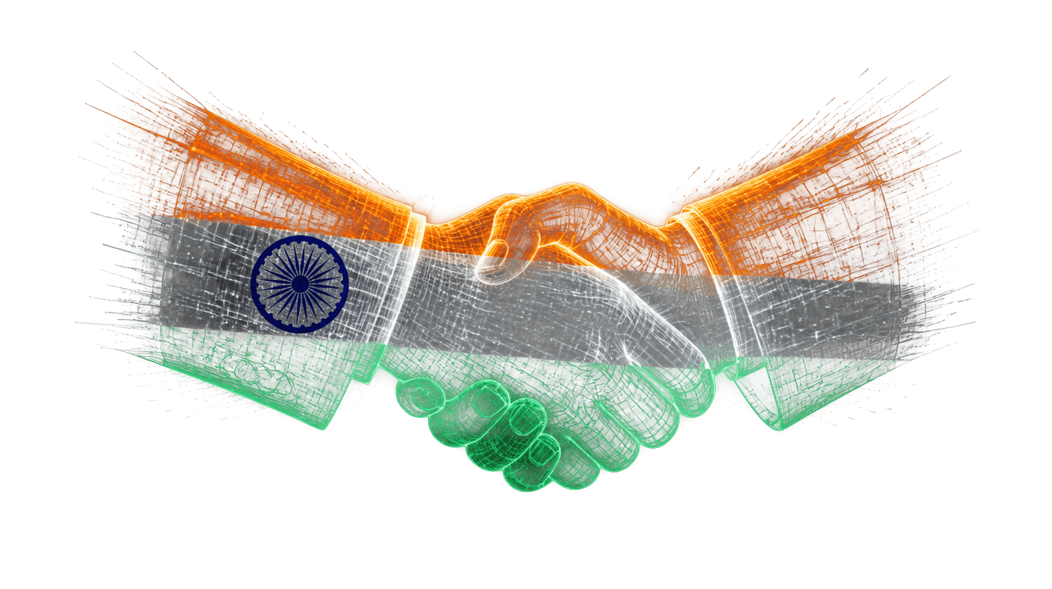 A handshake rendered in the colours of the Indian flag