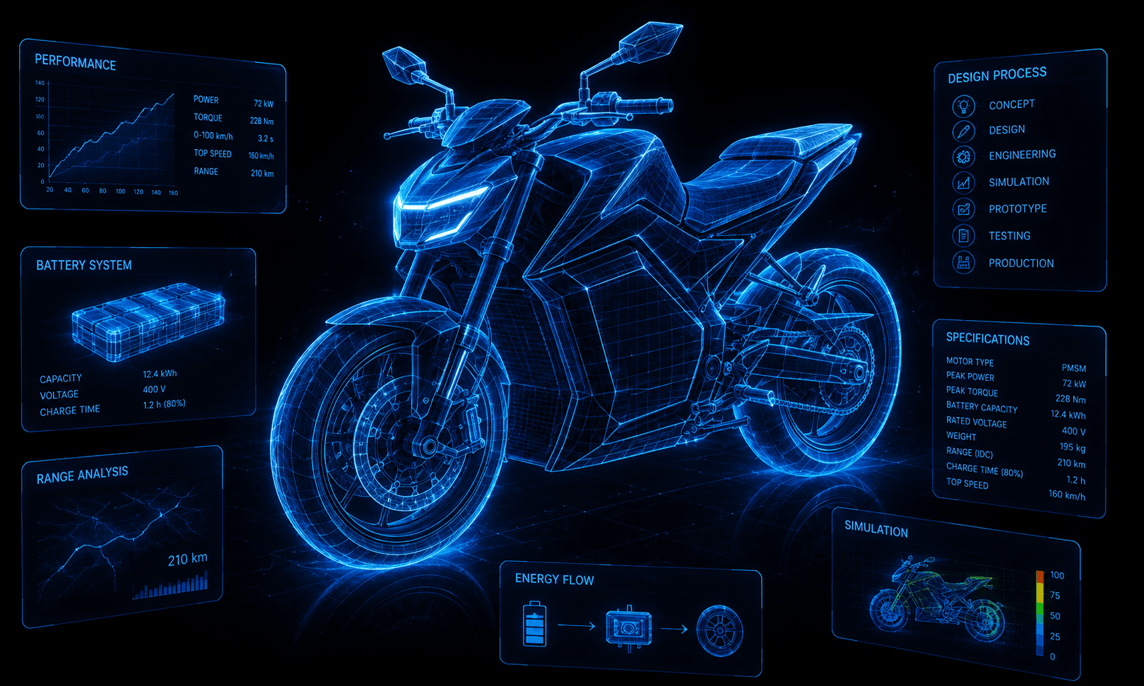 A wireframe electric motorcycle surrounded by performance, battery, range and simulation panels