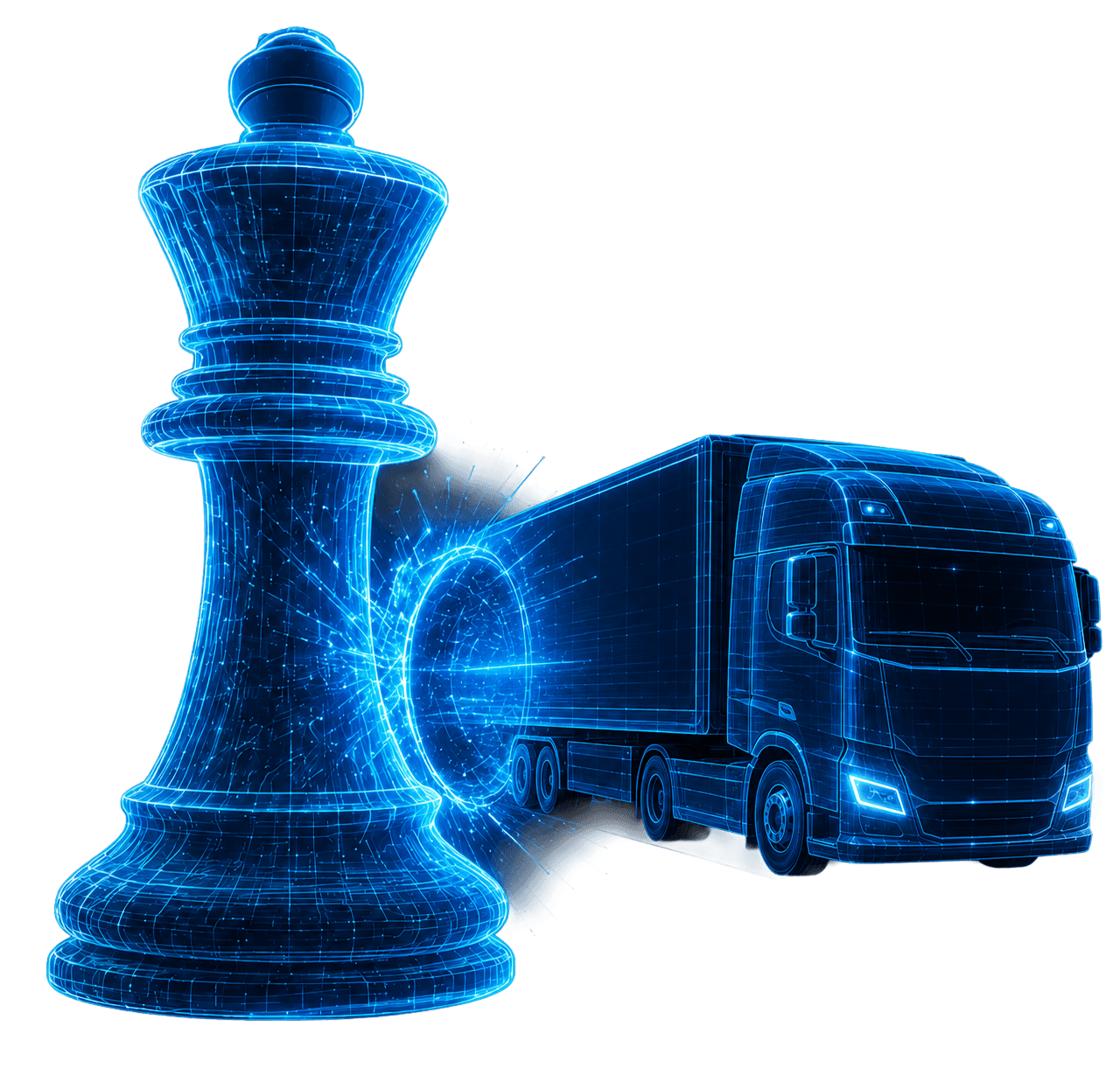 A chess queen rendered in wireframe beside an electric truck